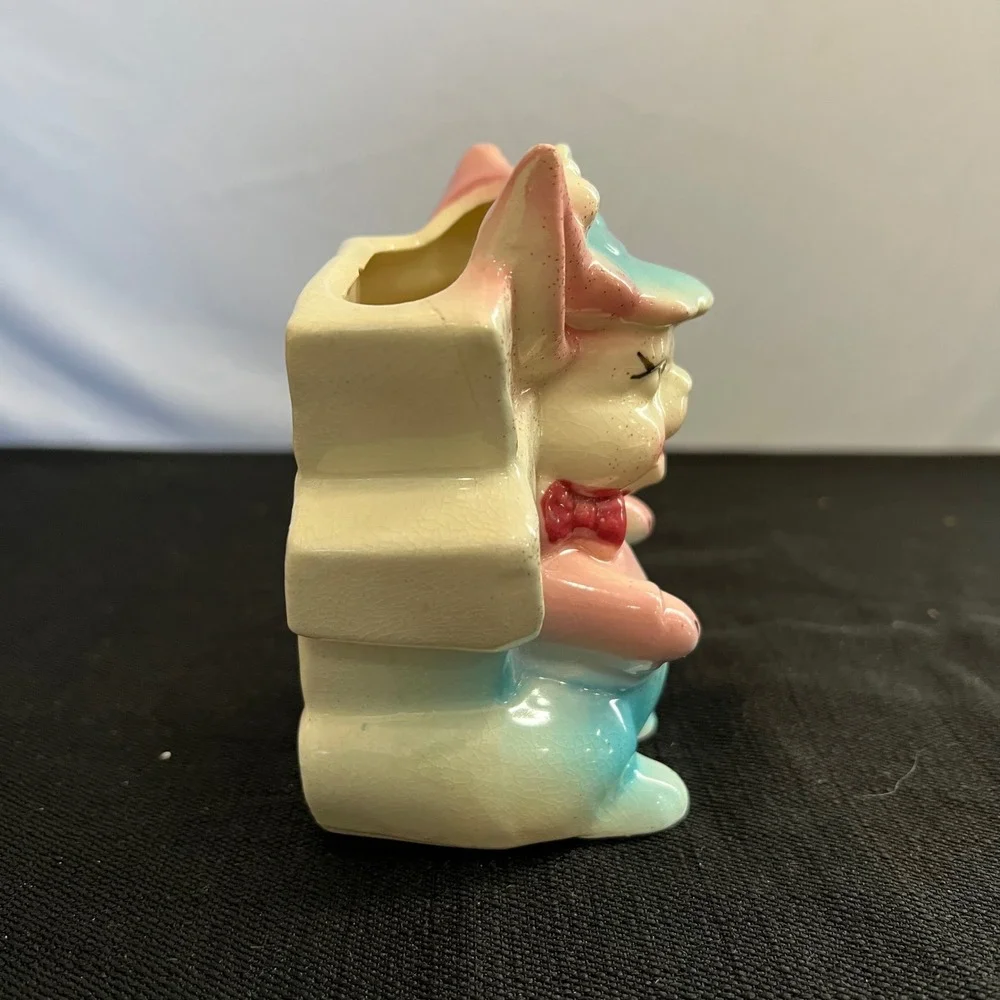 Vintage Anthropomorphic Bunny Planter Pastel Pink Blue Mid Century Ceramic 5.5
